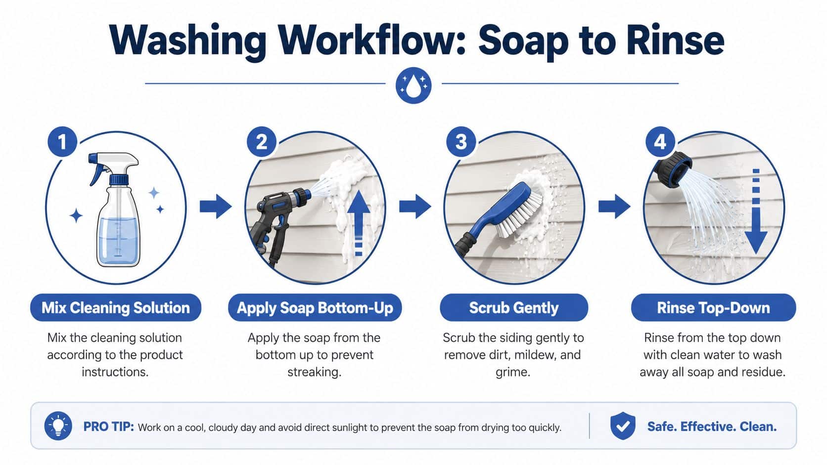 A four-step infographic illustrating the professional washing workflow for house siding using soap and water.