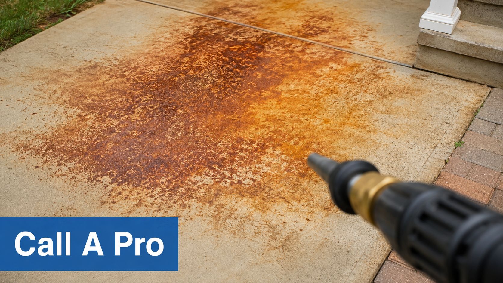 A close-up view of a pressure washer nozzle aimed at a large orange rust stain on concrete.