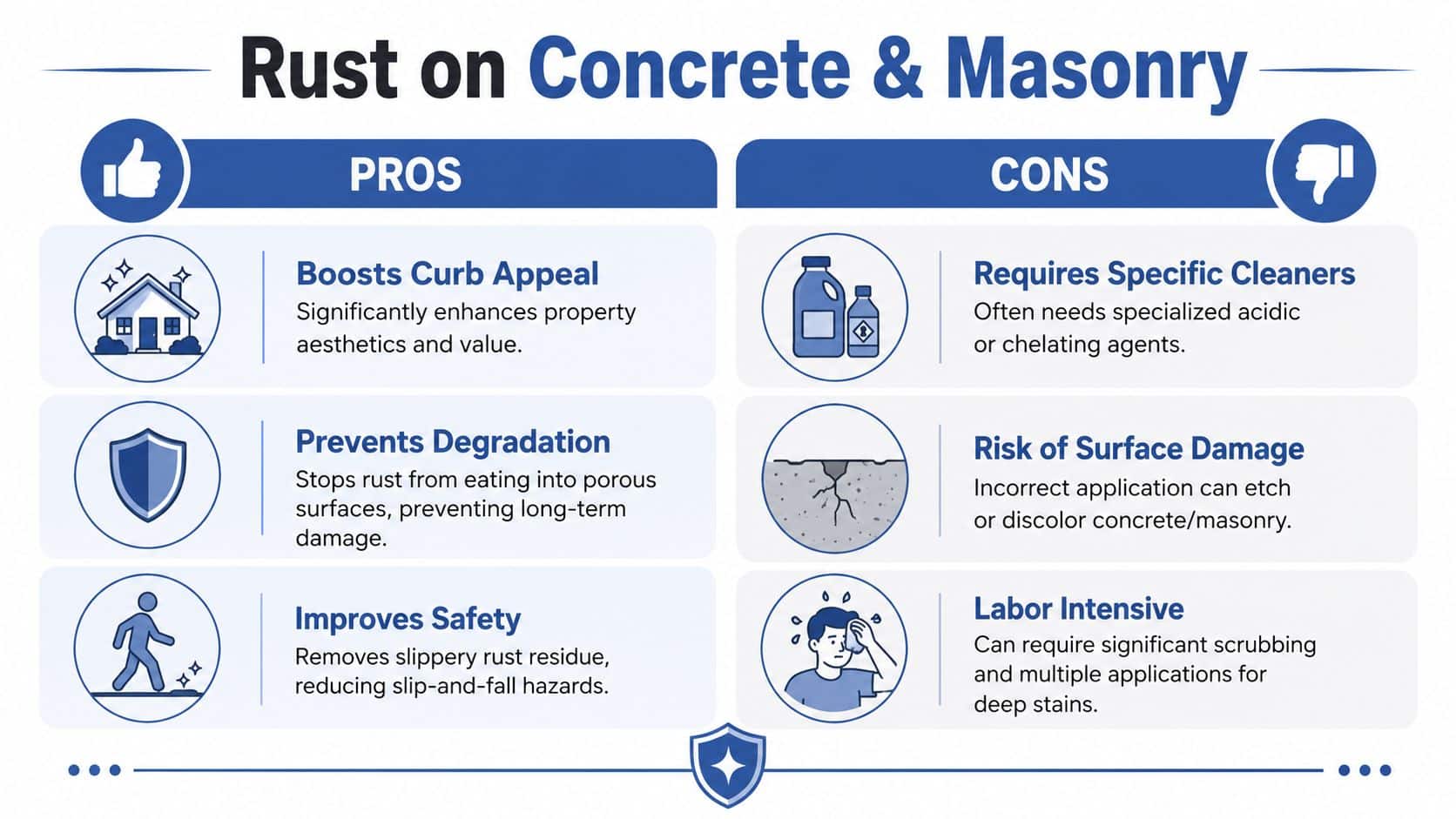 A comparison chart outlining the pros and cons of removing rust stains from concrete and masonry surfaces.
