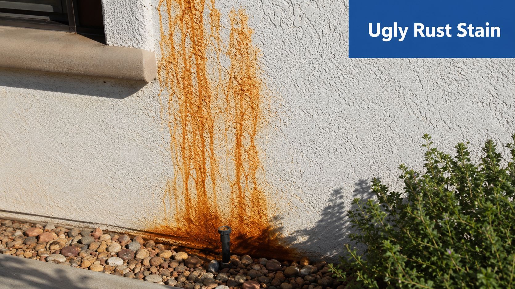 A large, unsightly orange rust stain running down the side of a white stucco house wall.