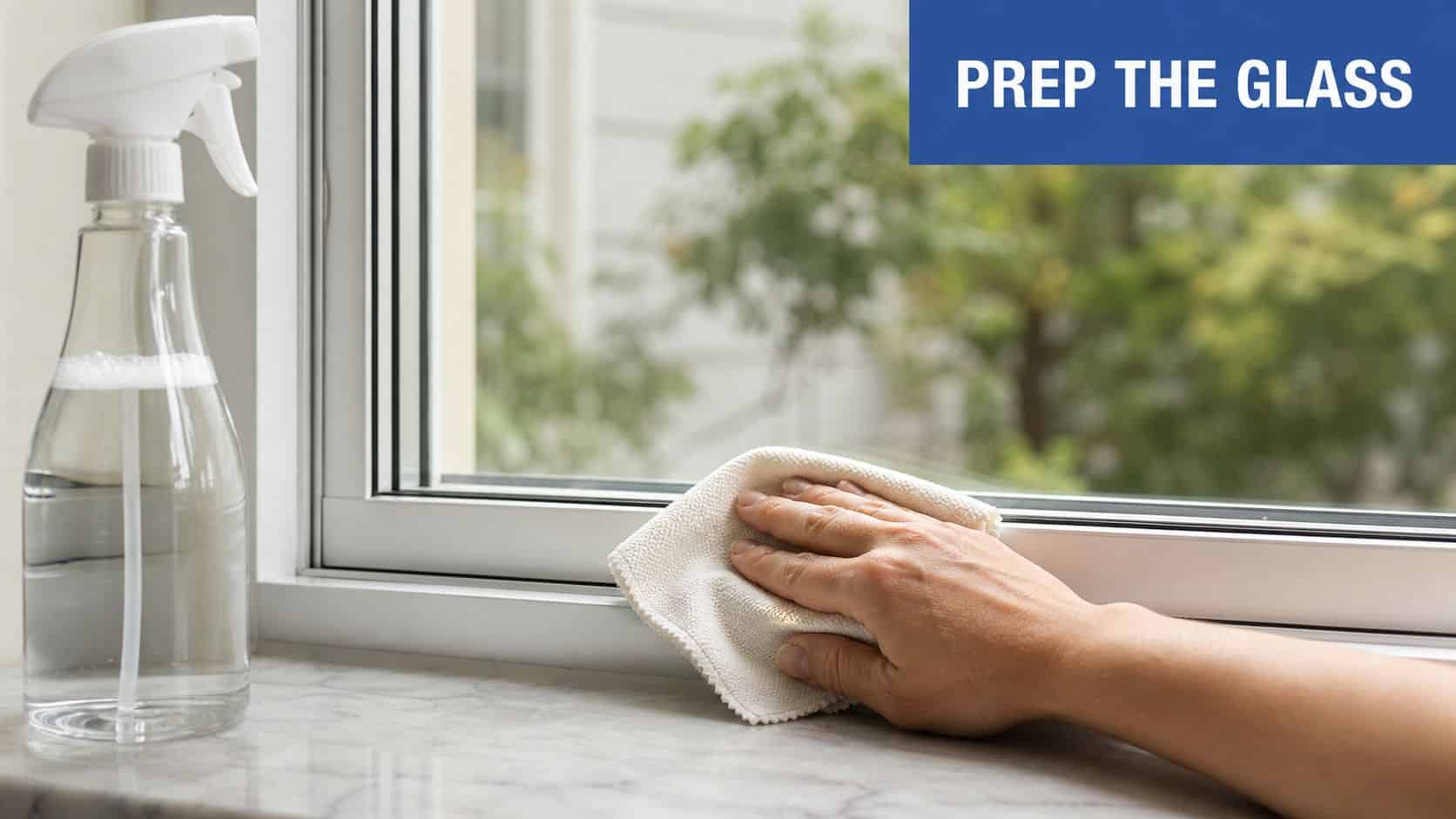 A close-up view of a person wiping a window sill with a cloth to prepare for cleaning.
