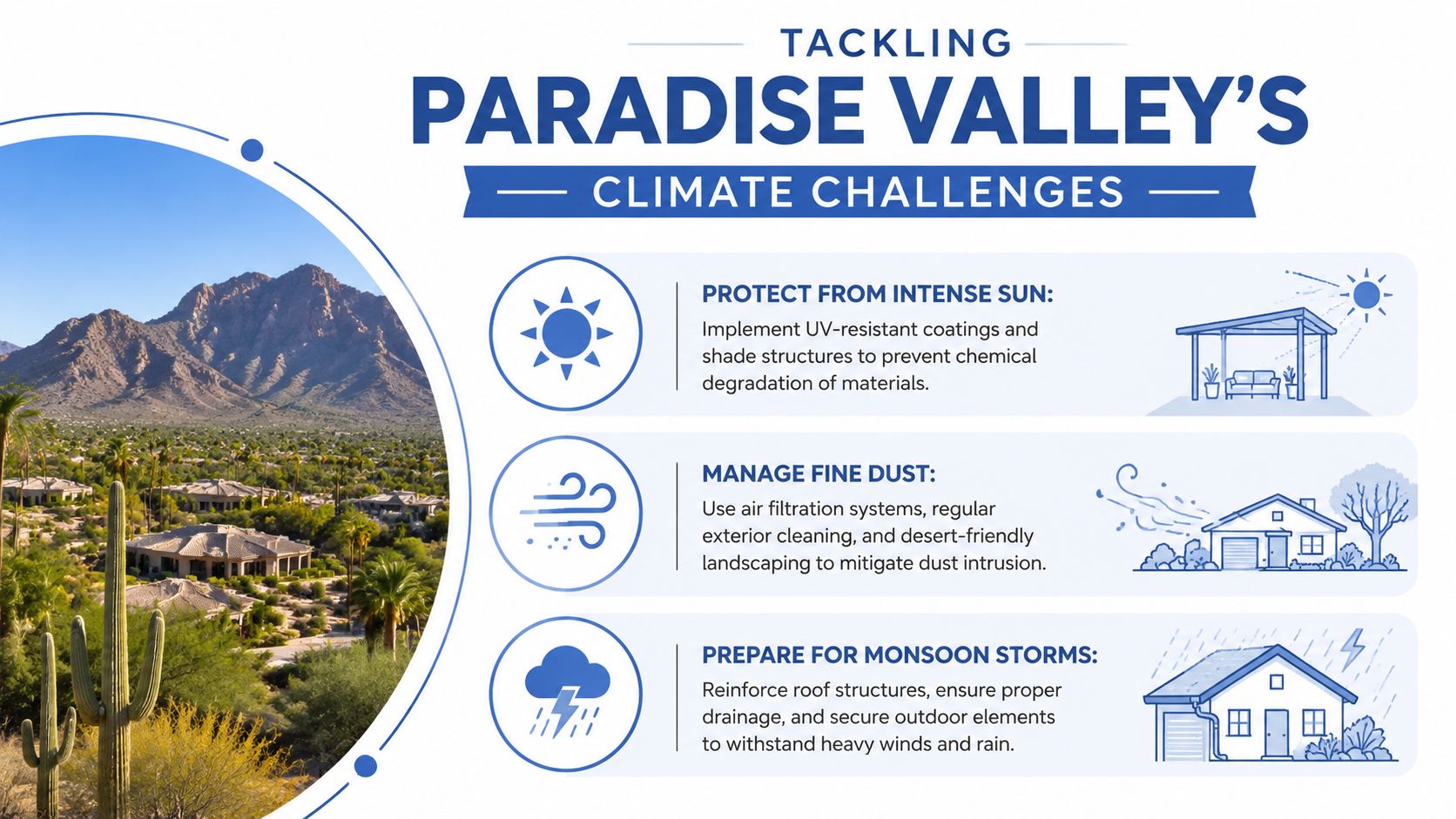 An infographic illustrating tips for maintaining residential properties in Paradise Valley against sun, dust, and storms.