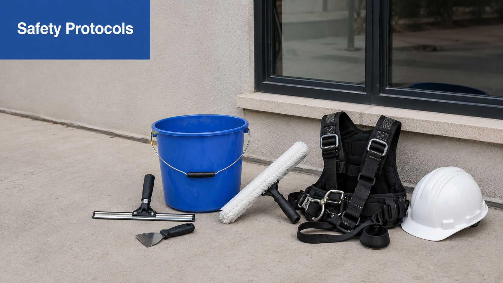 Window cleaning equipment including a blue bucket, squeegee, scraper, safety harness, and white hard hat on pavement.