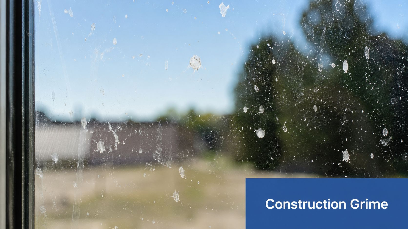 A dirty glass window covered in dried construction grime, dust, and spots from a construction site.