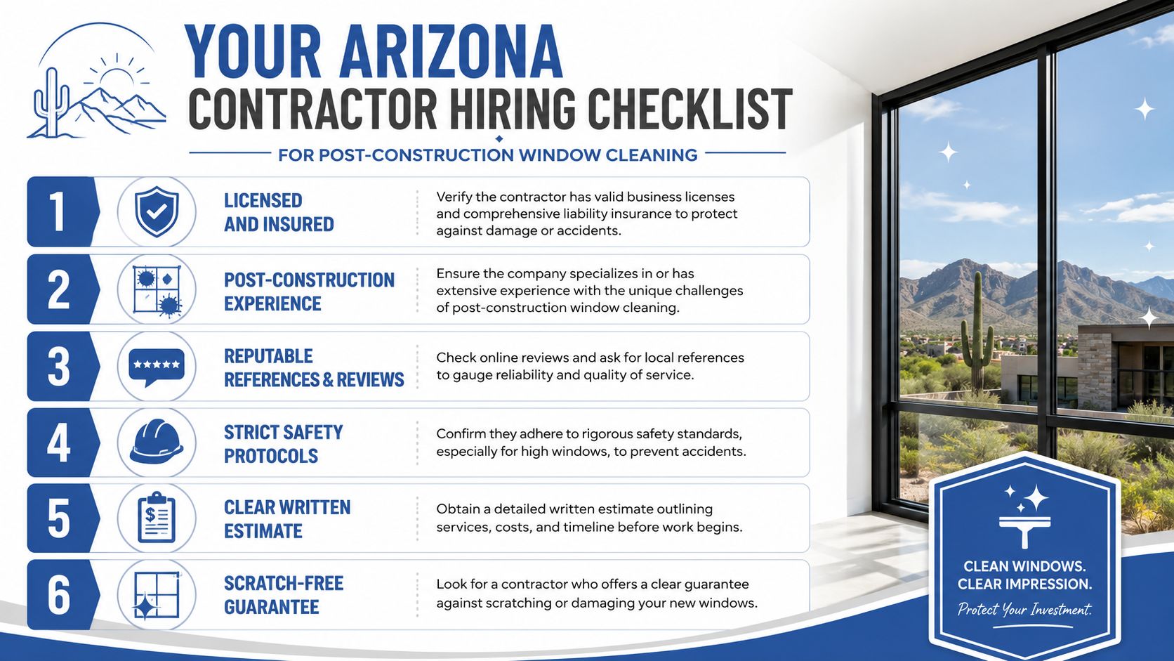 An infographic checklist for hiring a professional post-construction window cleaning contractor in Arizona.