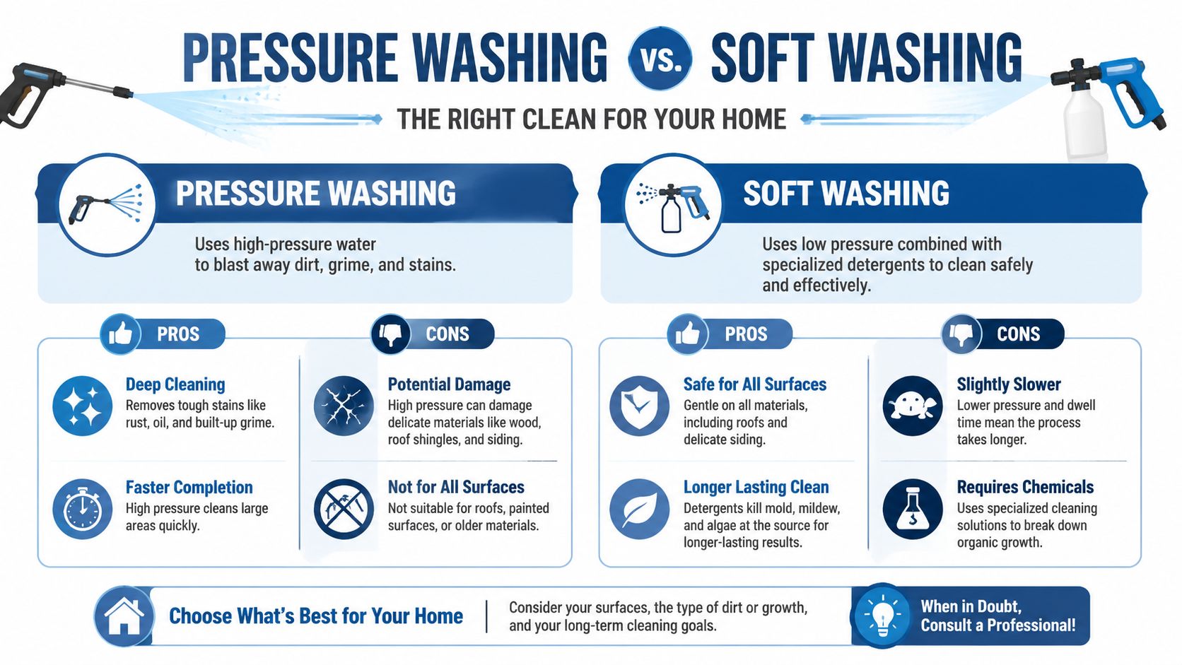 A comparison infographic between pressure washing and soft washing detailing their respective pros, cons, and best uses.