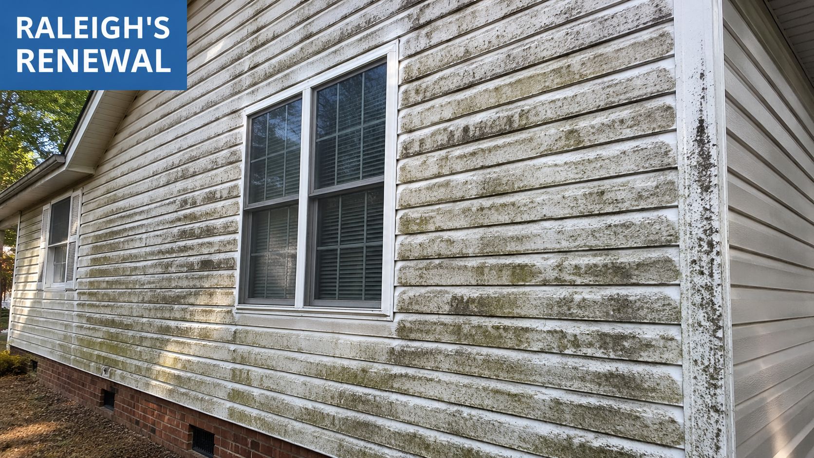 A dirty house exterior with algae and mildew buildup, indicating a need for professional pressure washing services.