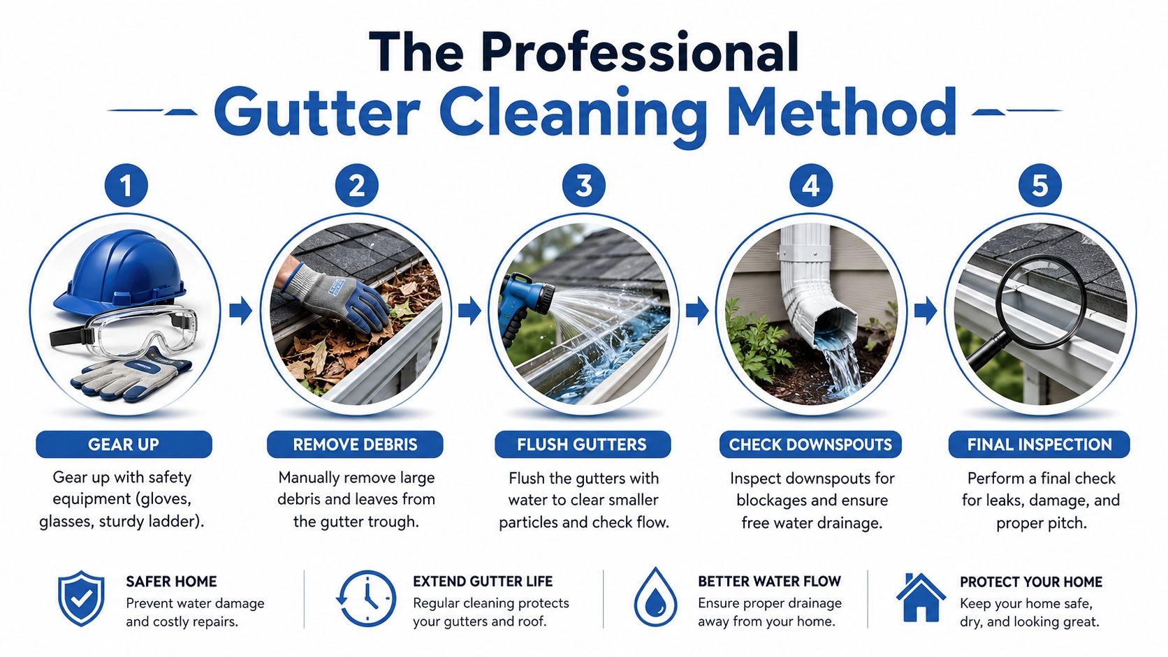 A professional five-step infographic showing how to safely clean gutters and maintain home drainage systems.