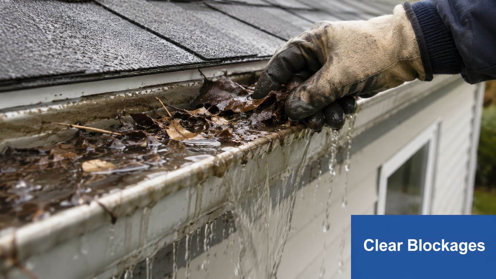 A gloved hand cleaning wet leaves and debris out of a clogged rain gutter on a house roof.