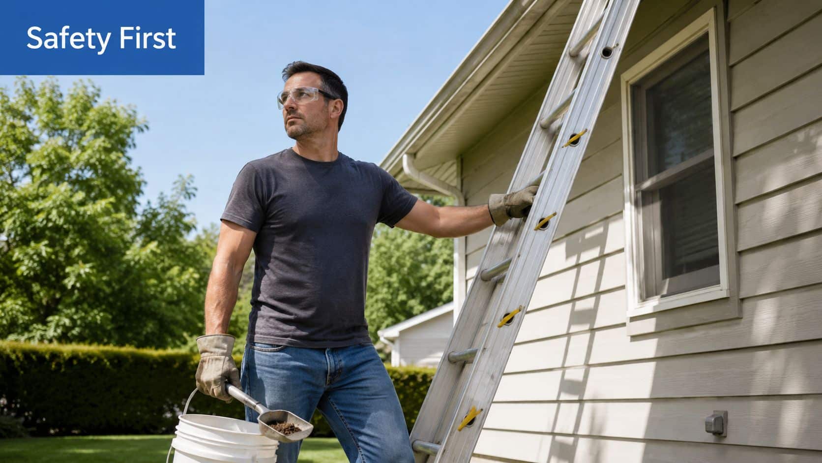 A man wearing protective glasses and gloves holds a bucket and scoop next to a house ladder.
