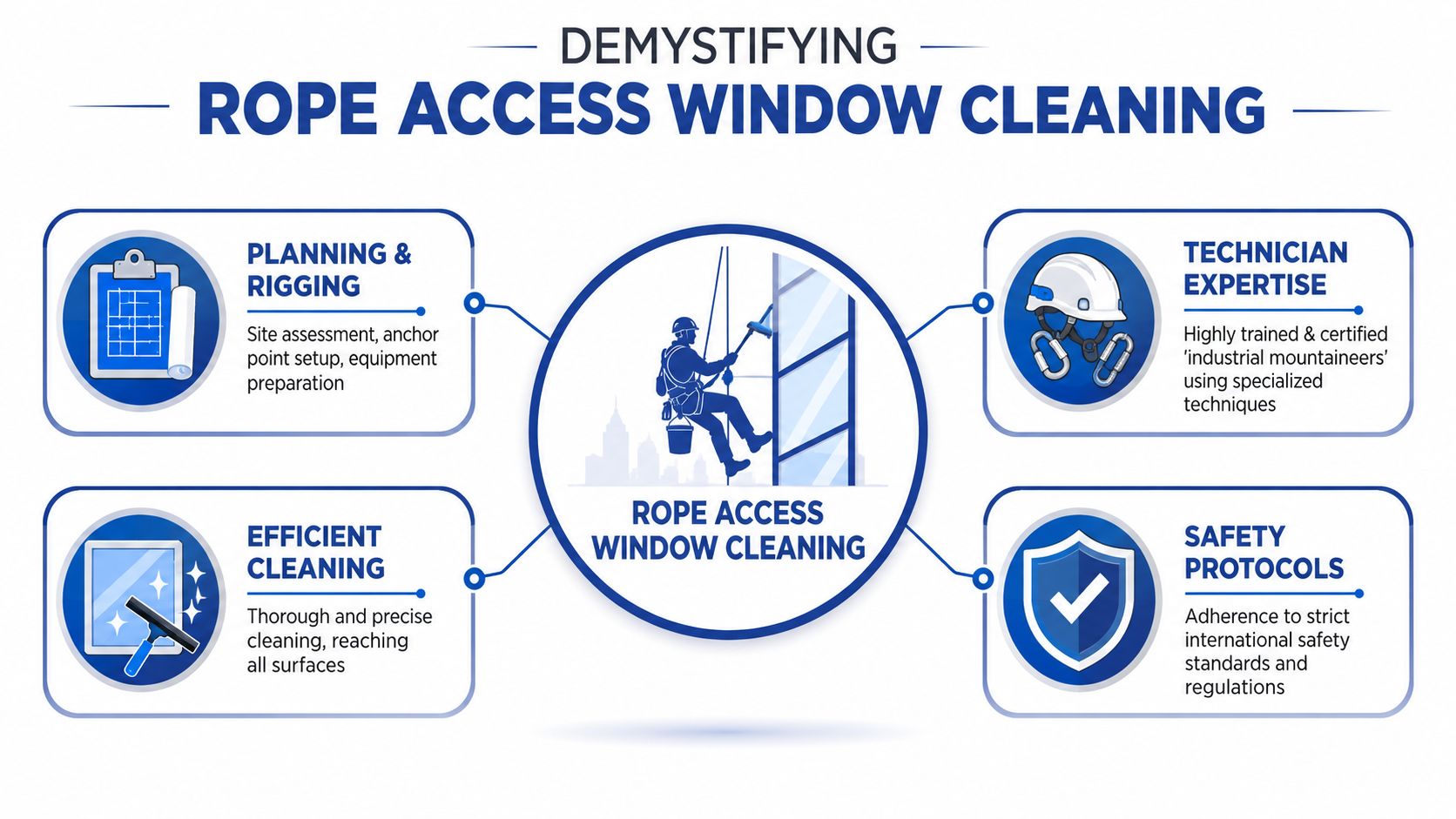 A professional infographic detailing the process and safety requirements of rope access window cleaning for tall buildings.