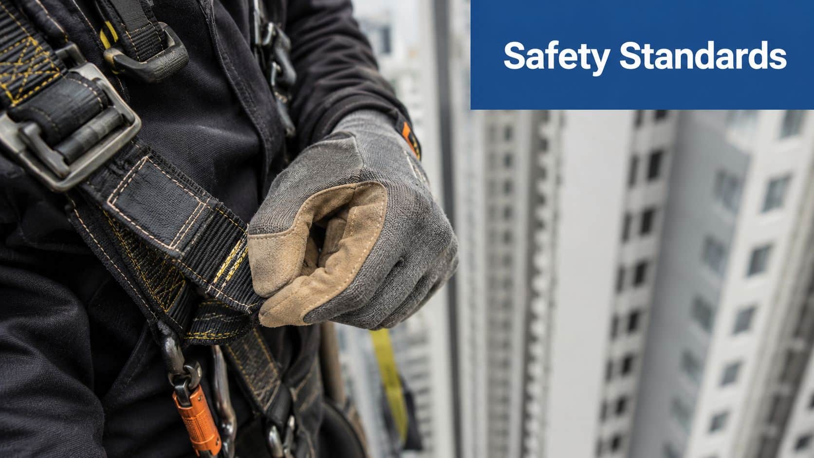 A construction worker wearing a safety harness and work gloves high above the city skyline.