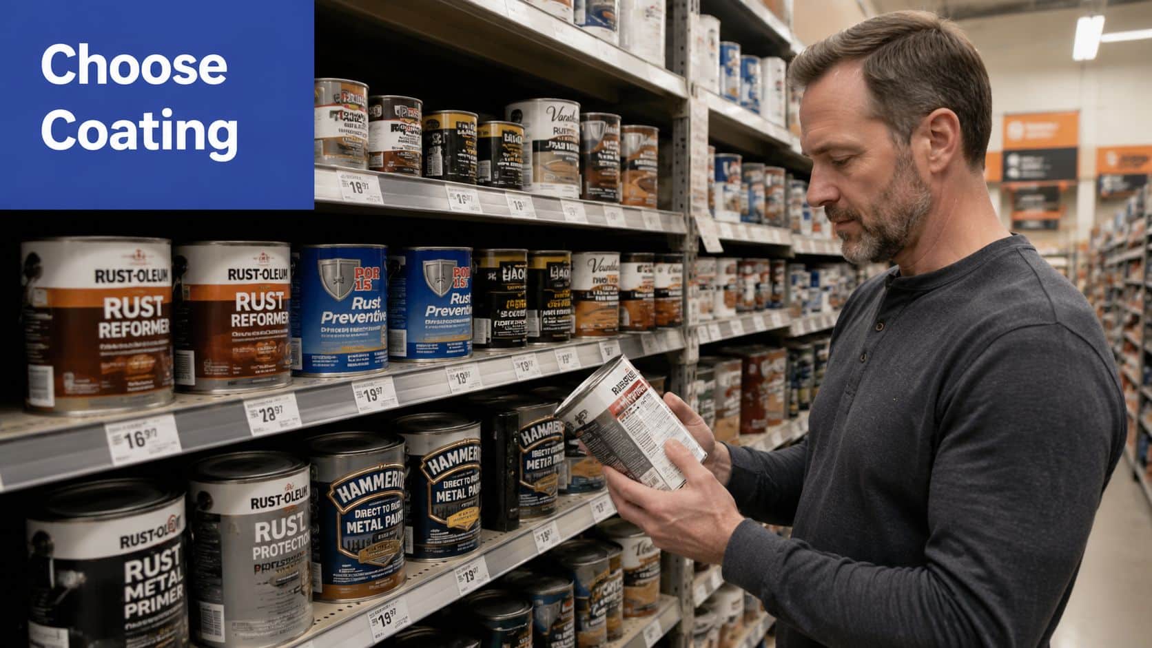 A man inspecting a can of rust prevention coating in a hardware store aisle.
