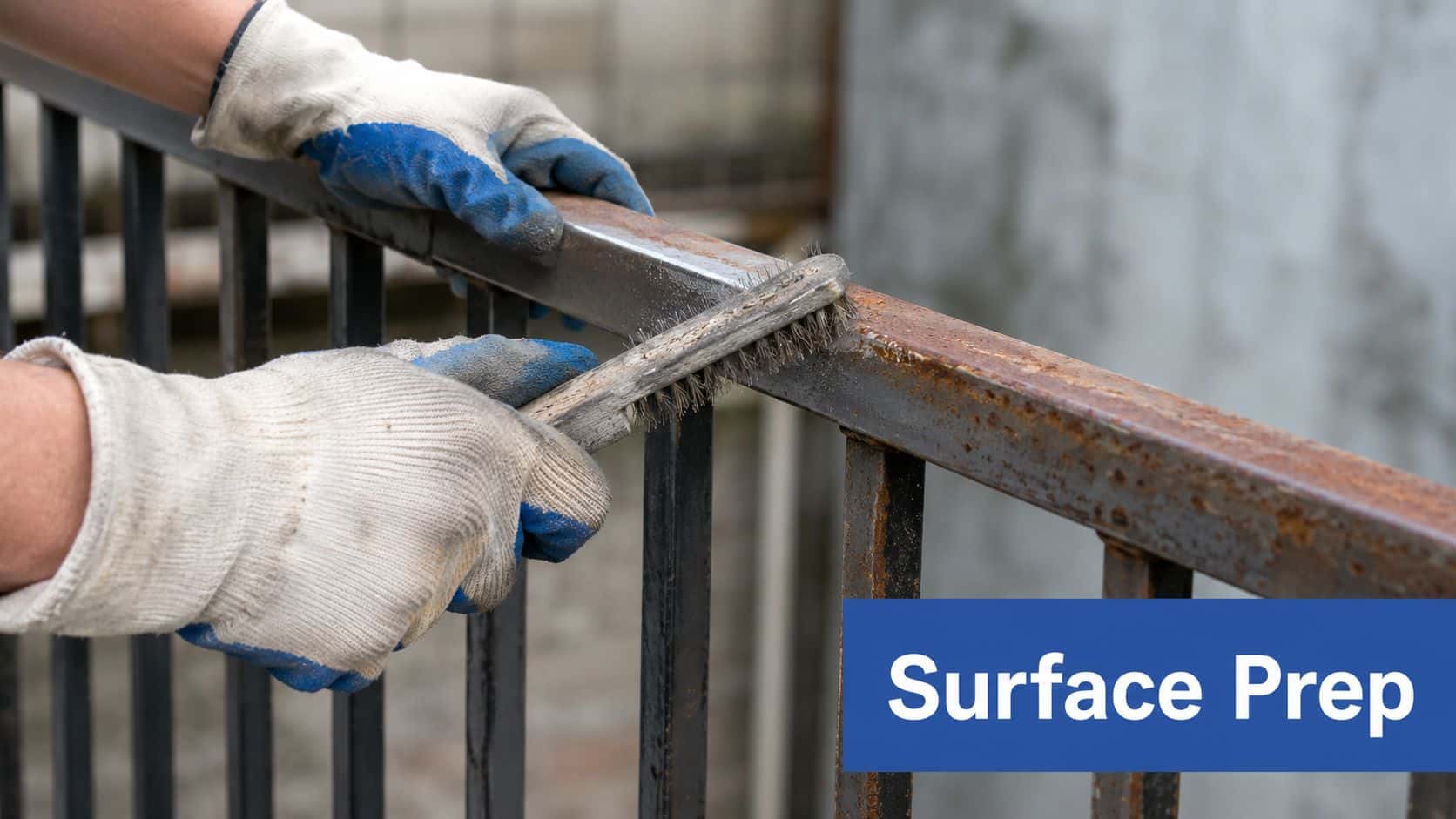 A person wearing work gloves uses a wire brush to remove rust from a metal railing.
