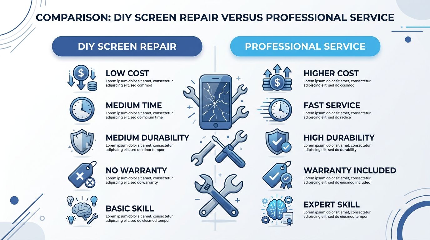 A comparative infographic showing pros and cons of DIY screen repair versus professional repair services.