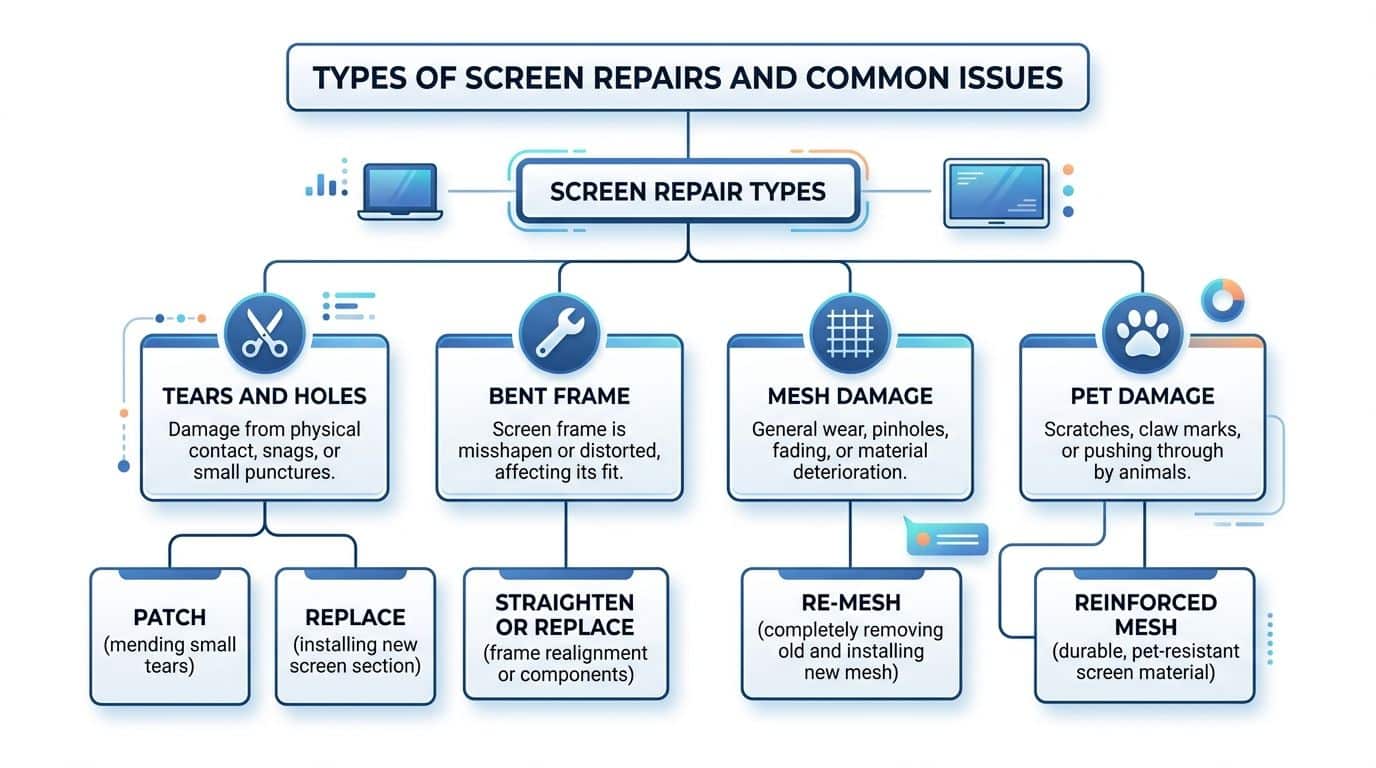 A flowchart infographic detailing common types of screen repairs including tears, bent frames, and pet damage.
