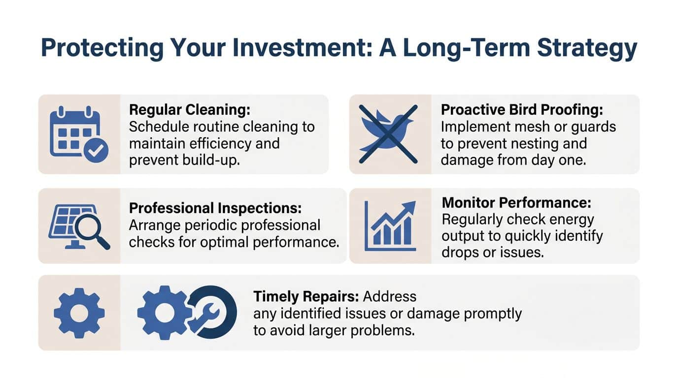 An infographic detailing a long-term maintenance strategy for solar panels including cleaning, bird proofing, and regular inspections.