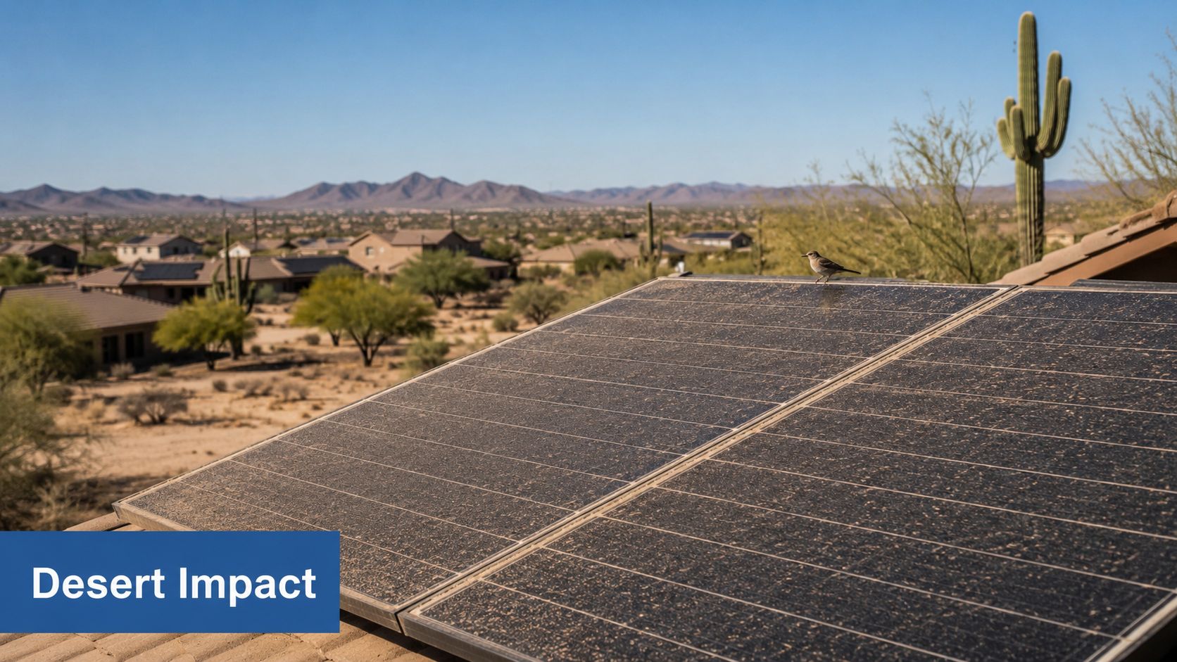 A small bird resting on dusty solar panels overlooking a desert landscape with mountains and houses.
