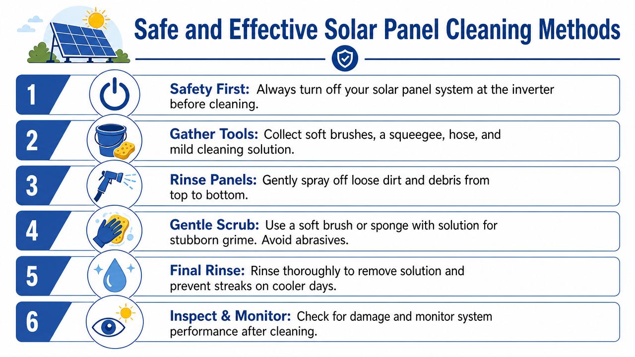 An infographic titled Safe and Effective Solar Panel Cleaning Methods, outlining six numbered steps for cleaning solar panels.
