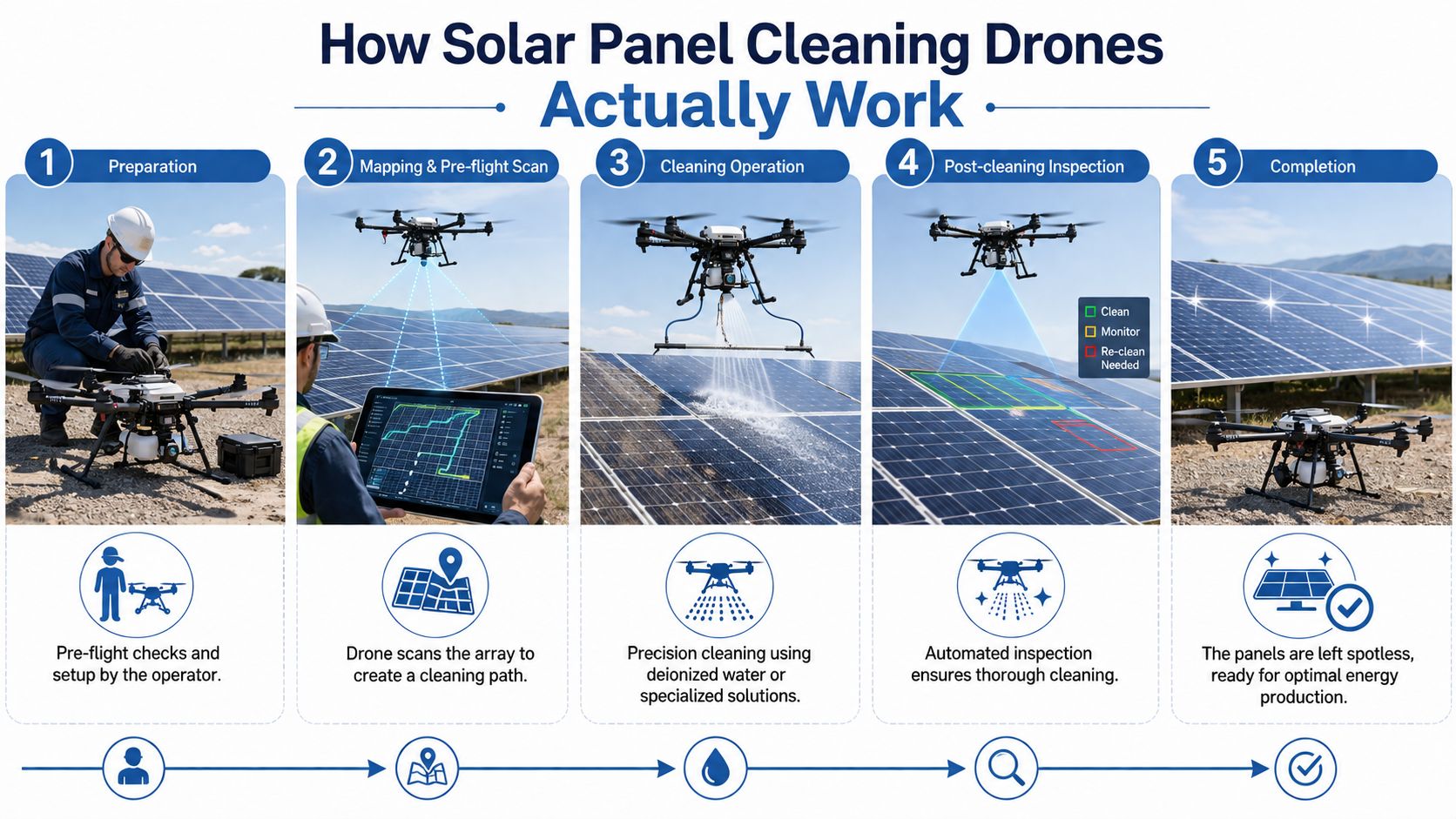 A step-by-step infographic illustrating the process of using automated drones to clean large-scale solar panel installations.