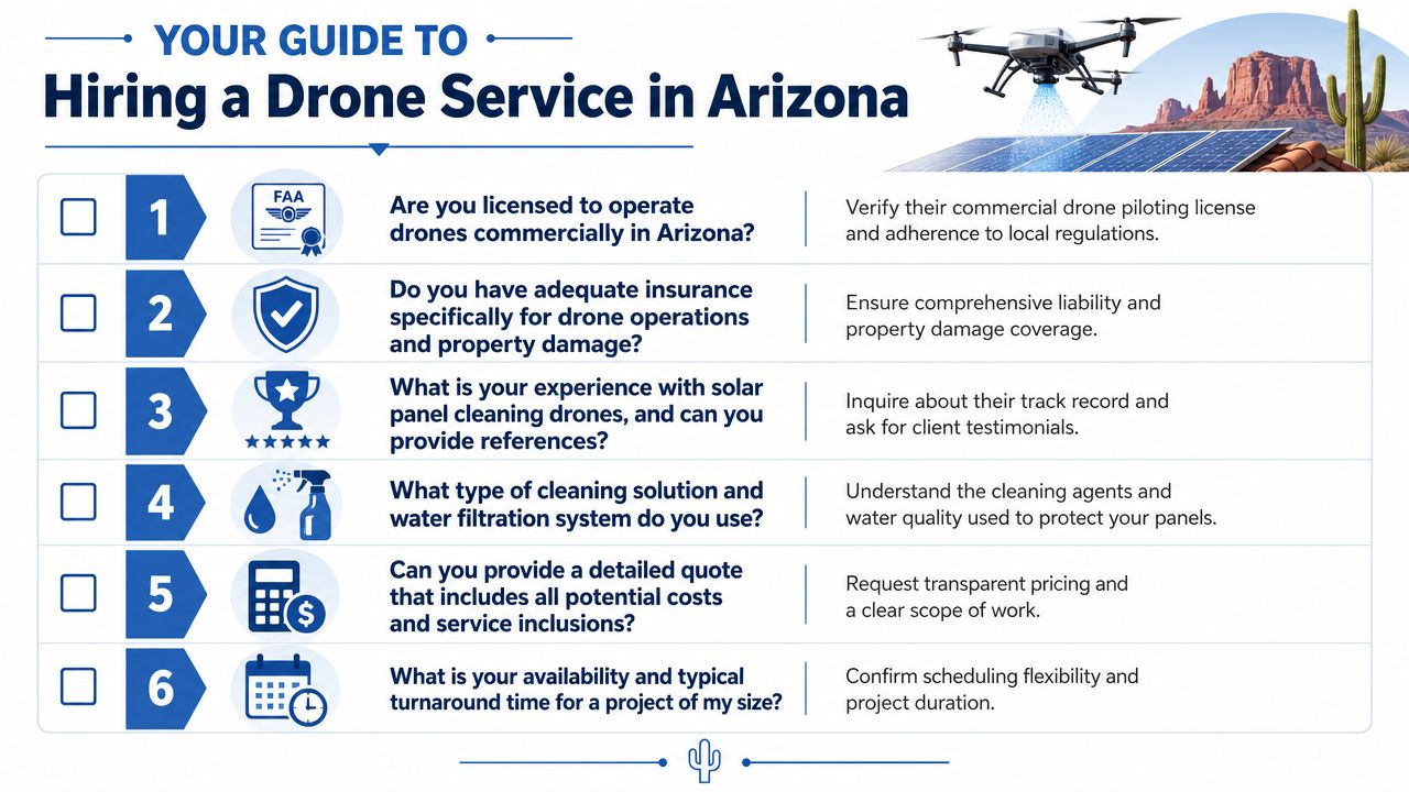 A checklist guide for hiring a professional solar panel cleaning drone service in Arizona.