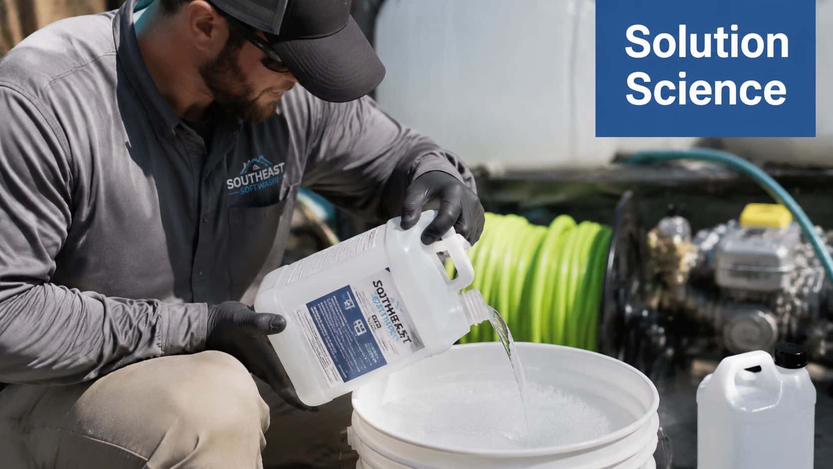 A professional technician pouring cleaning solution from a jug into a bucket for soft washing services.