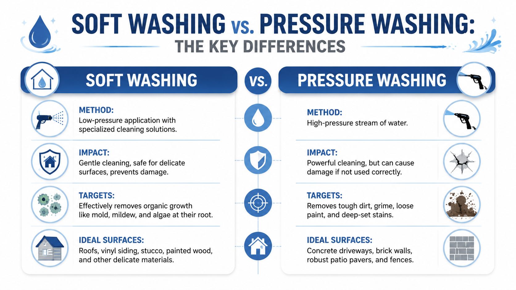 A comparison infographic showing the key differences between soft washing and pressure washing cleaning methods for properties.