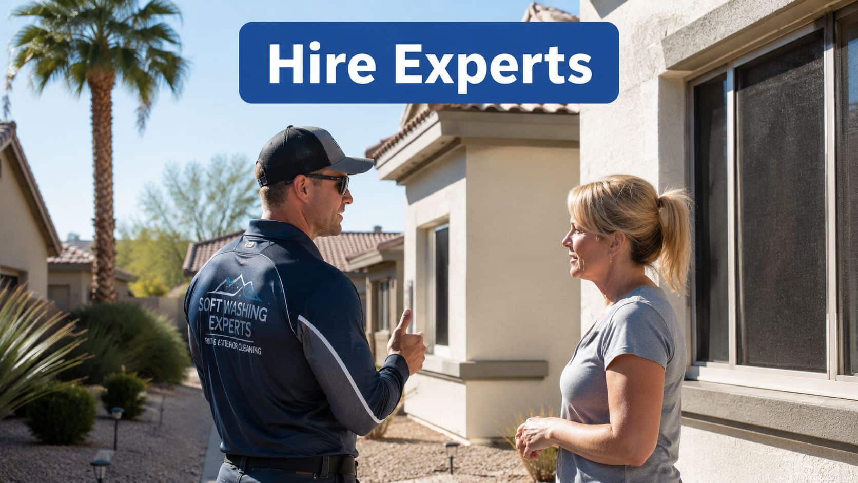 A professional soft washing expert discusses exterior home cleaning services with a female homeowner outside.