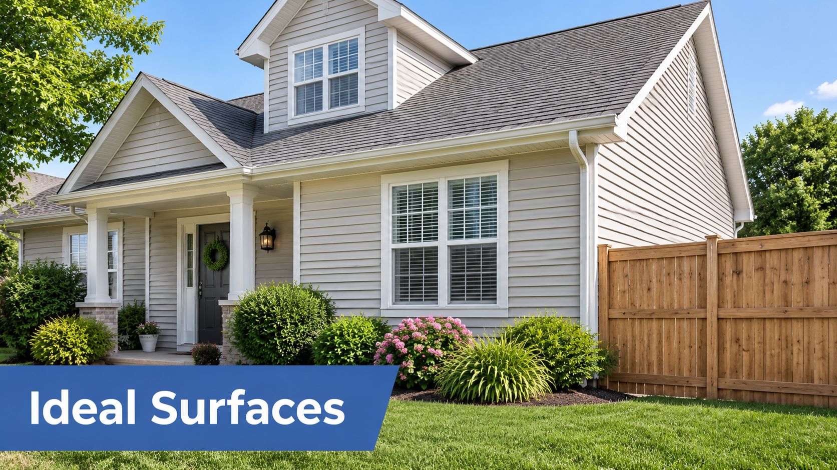 A modern two-story suburban home featuring beige vinyl siding and green landscaping with a wooden fence.