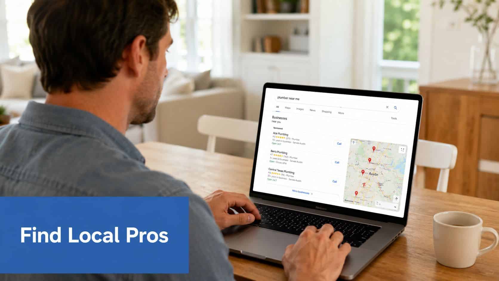 A man using his laptop to search for local professional plumber services on a map search engine.