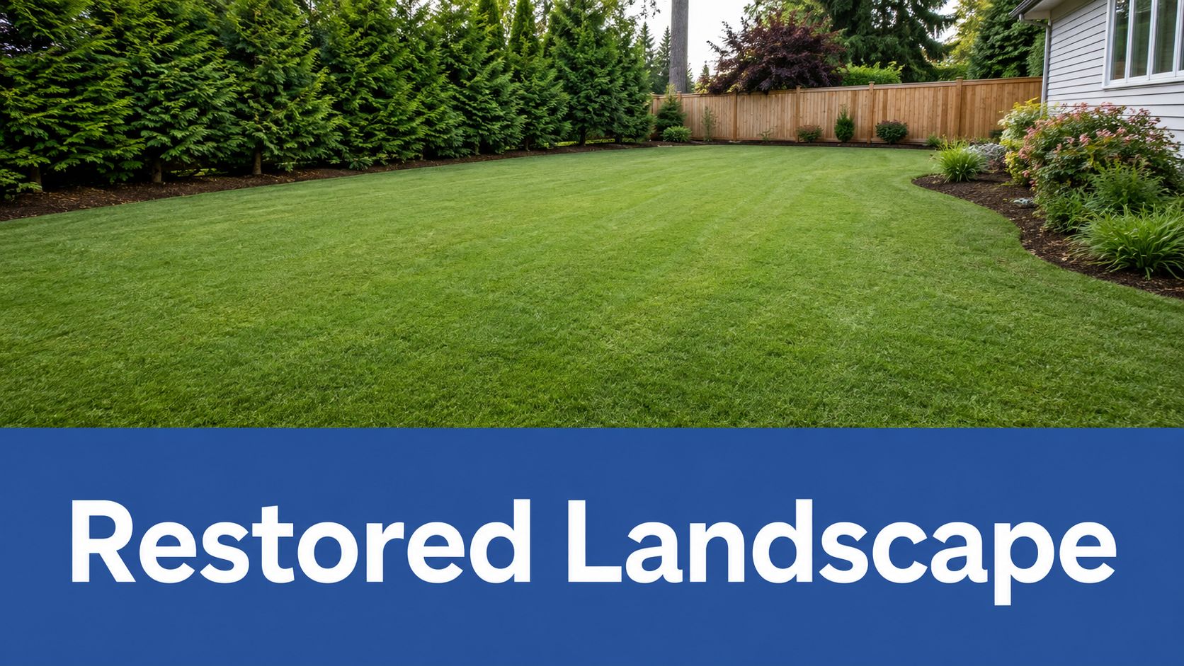 A neatly maintained backyard with a freshly mowed green lawn after professional landscaping and debris removal.