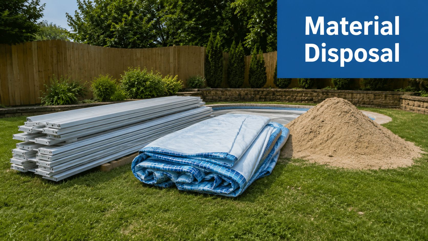 Disassembled above ground pool components including metal frame beams, folded liner, and a pile of sand