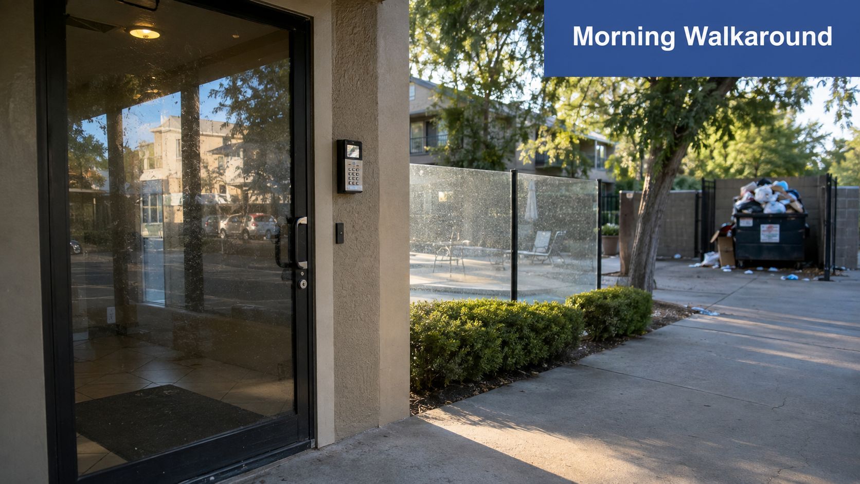 An outdoor view of an apartment complex entrance with a glass door, pool area, and overflowing dumpster.