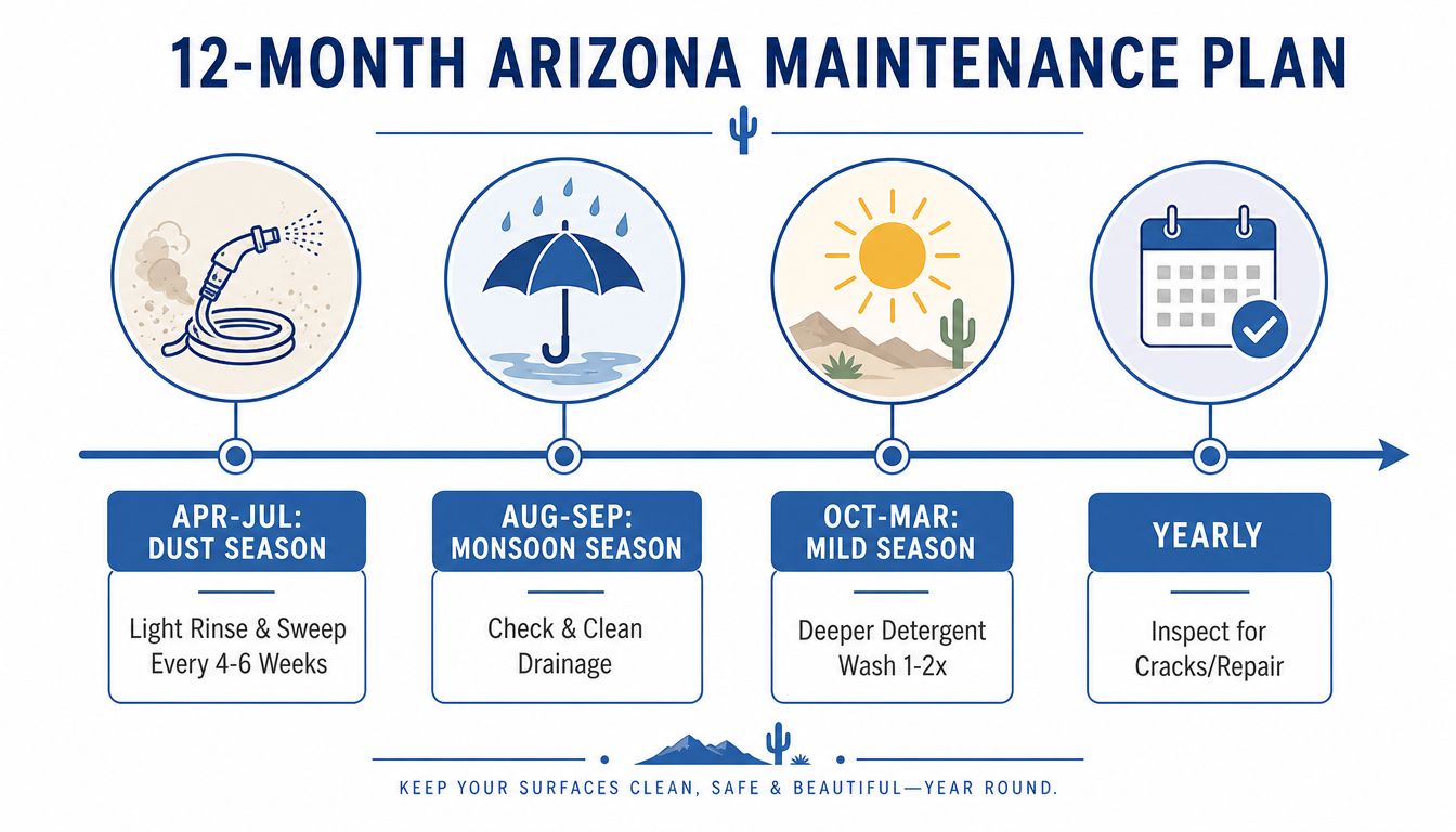 An infographic showing a 12-month Arizona home surface maintenance plan for dust, monsoon, and mild seasons.