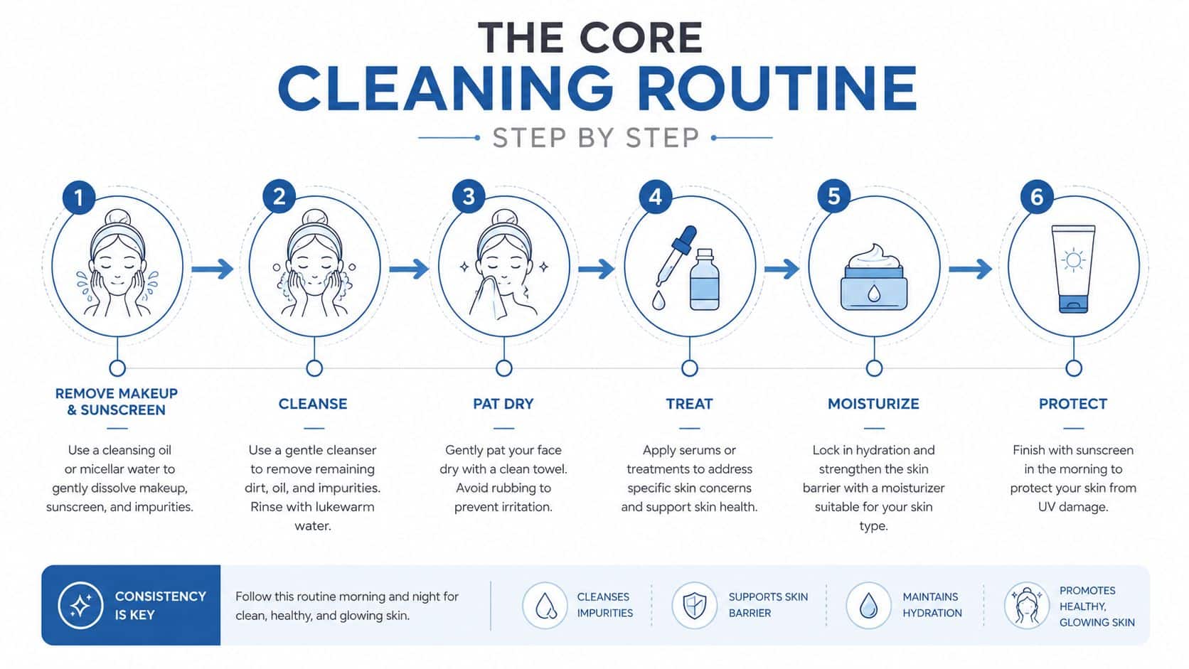 A six-step infographic illustrating a daily skincare routine for achieving clean, healthy, and glowing facial skin.