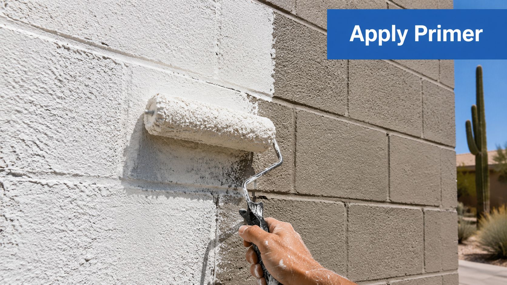 A hand using a paint roller to apply white primer onto a textured cinder block wall outdoors.