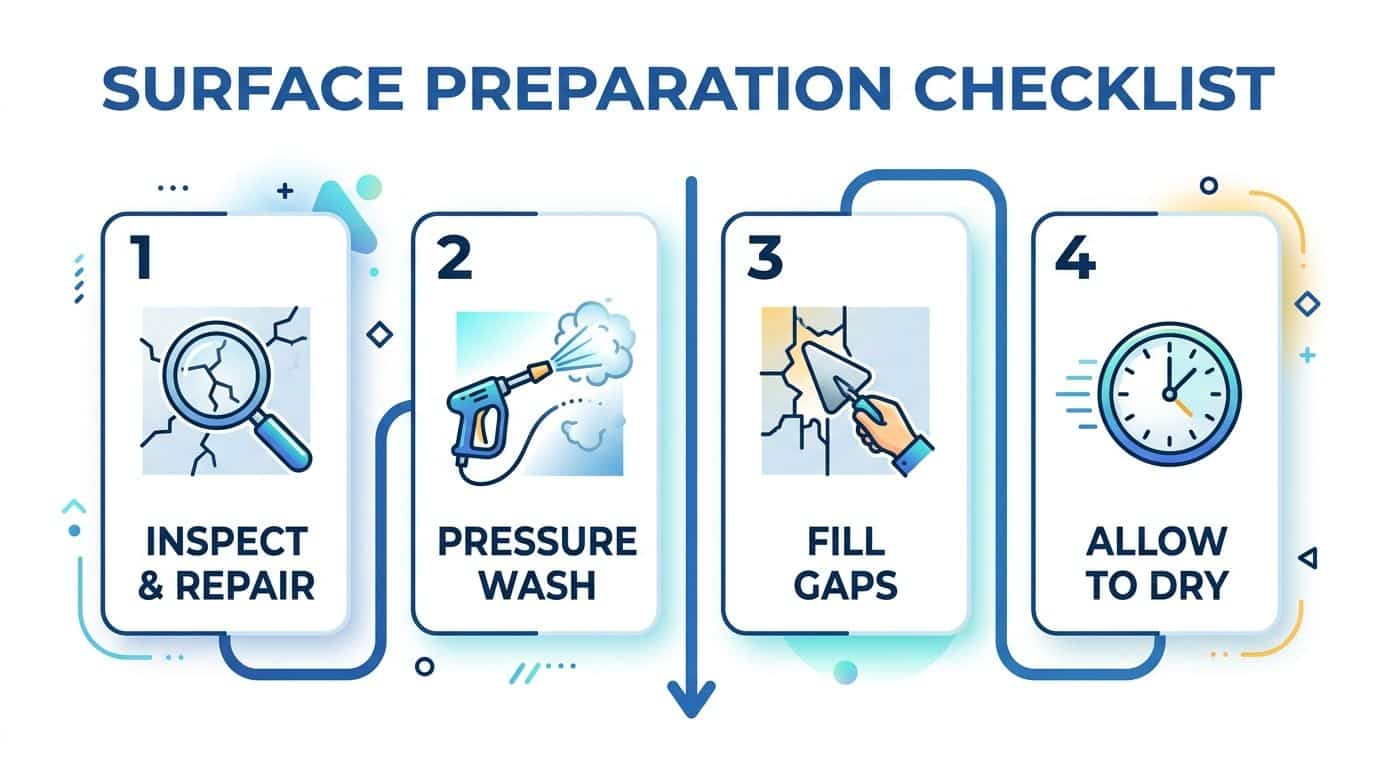 A four-step infographic illustrating the surface preparation process, including inspection, washing, filling gaps, and drying time.