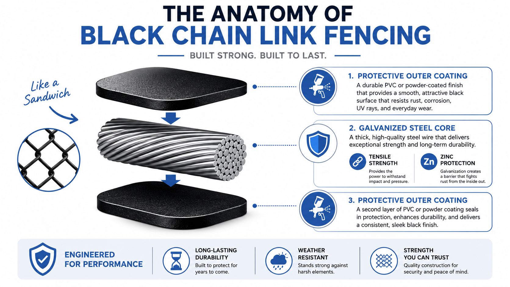 An infographic detailing the three-layered construction of black chain link fencing, showing a durable steel core.