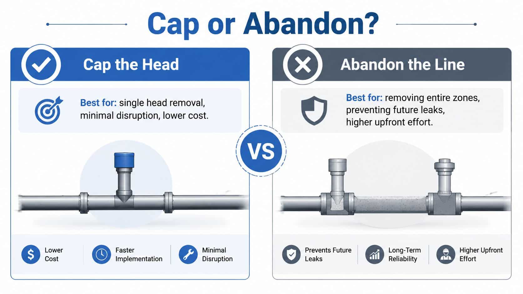 A comparison infographic showing the difference between capping a sprinkler head and abandoning a sprinkler line.
