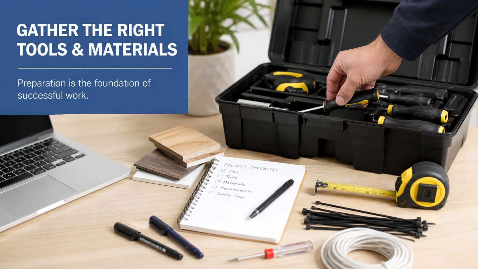 A workspace with a laptop, tools in a toolbox, a notepad with a checklist, and supplies.