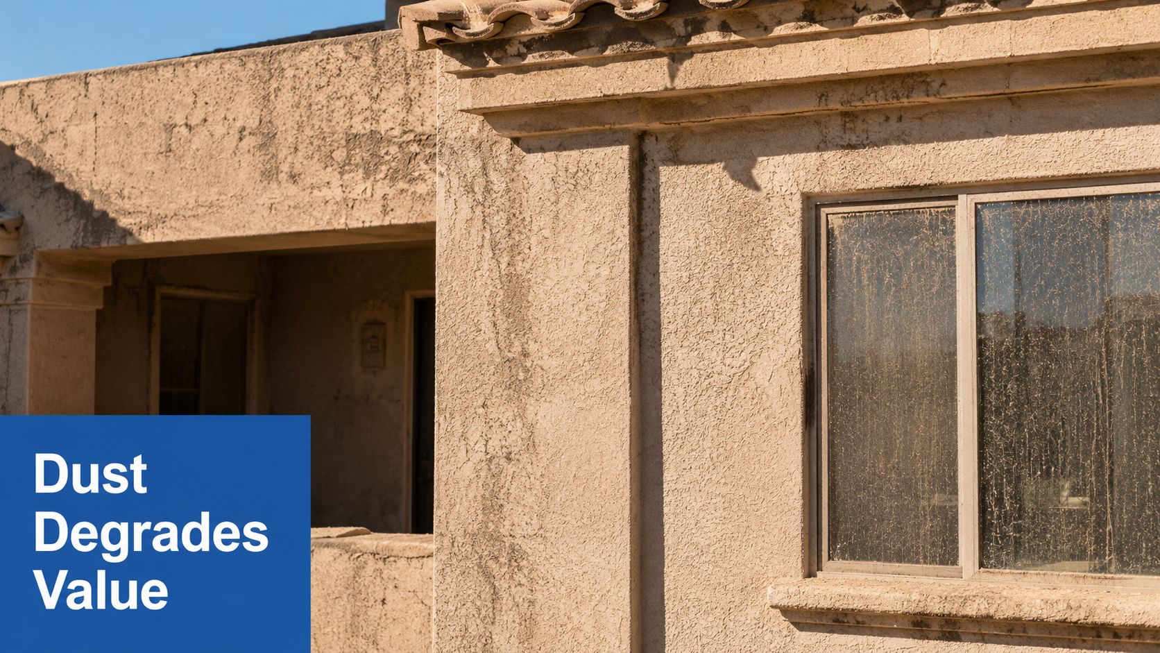 A close-up view of a dusty home exterior with dirty windows, representing neglected property maintenance.