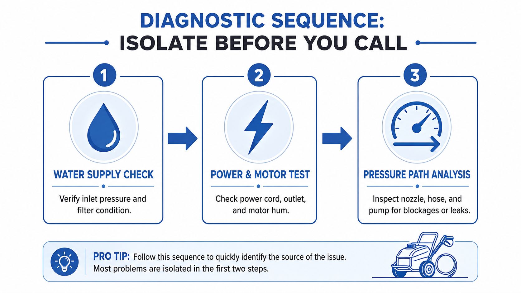 A diagnostic chart illustrating a three-step troubleshooting sequence for pressure washer maintenance and repair.