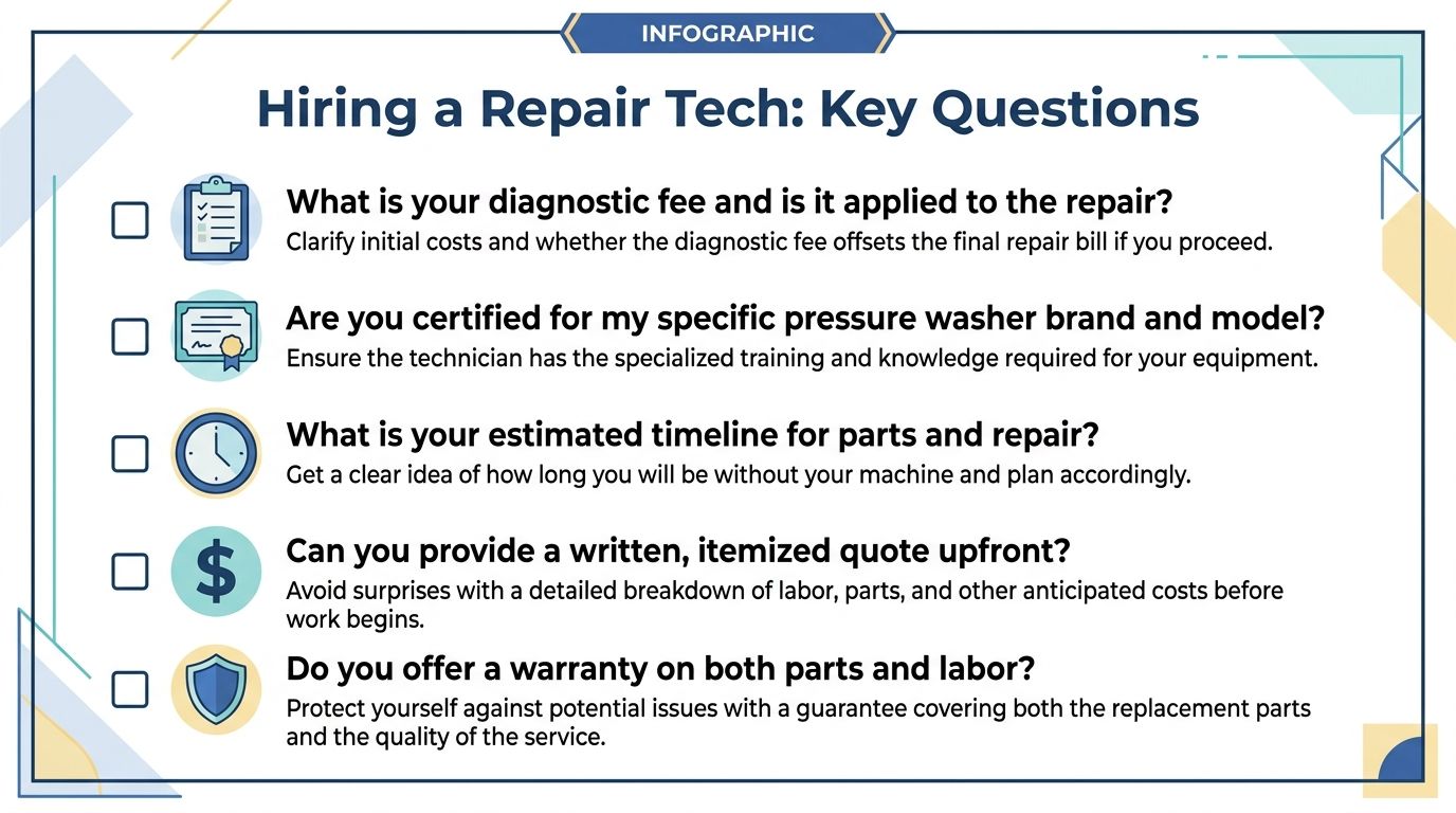 An infographic list titled Hiring a Repair Tech with five essential questions for pressure washer services.