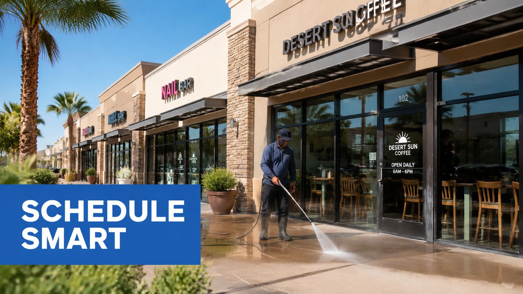 A professional maintenance worker power washes the sidewalk in front of a commercial retail shopping center.