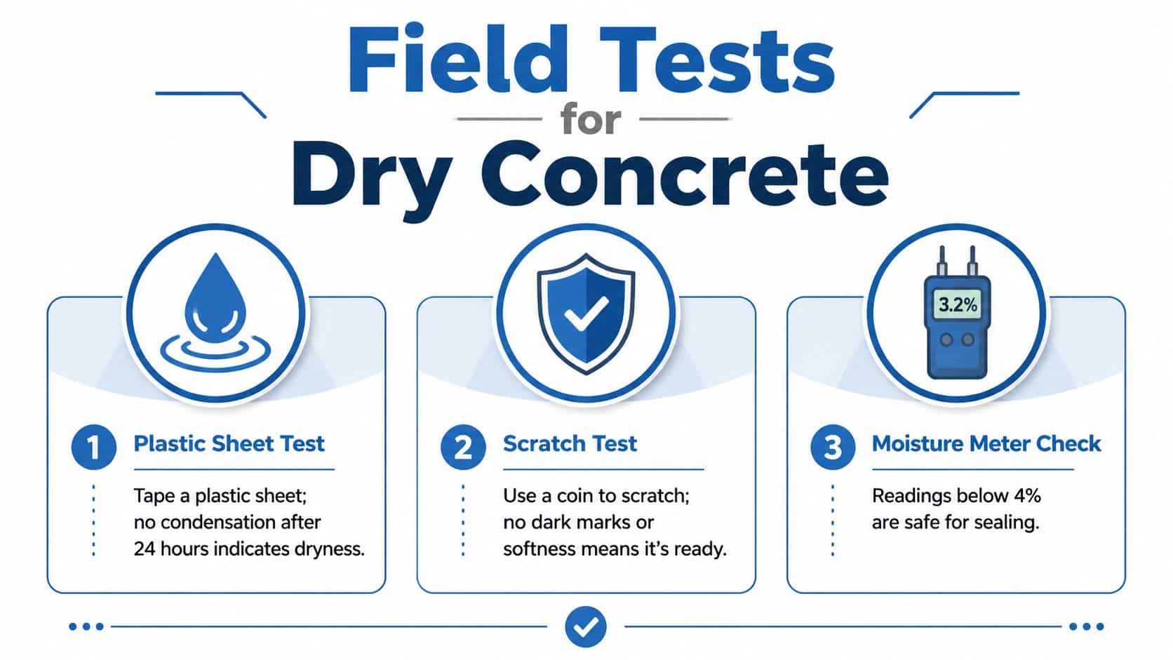A three-step infographic explaining how to test if concrete is dry before applying a sealer.