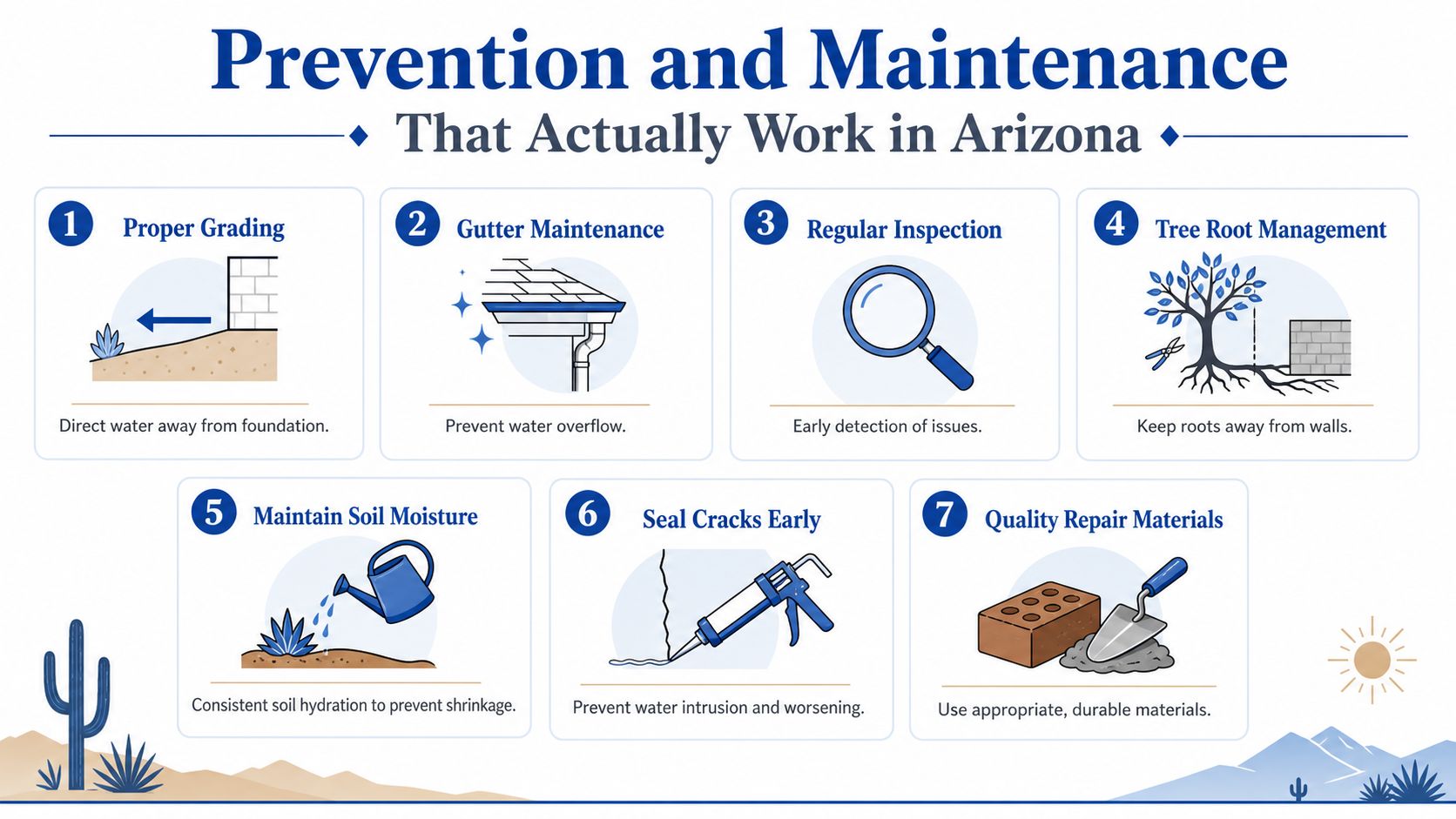 An infographic showing seven essential tips for preventing and maintaining brick wall structures in Arizona's climate.