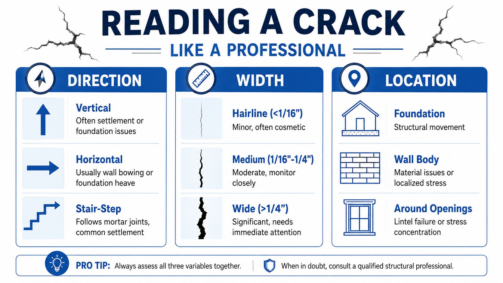 A professional infographic titled Reading a Crack, detailing how to analyze crack direction, width, and location.