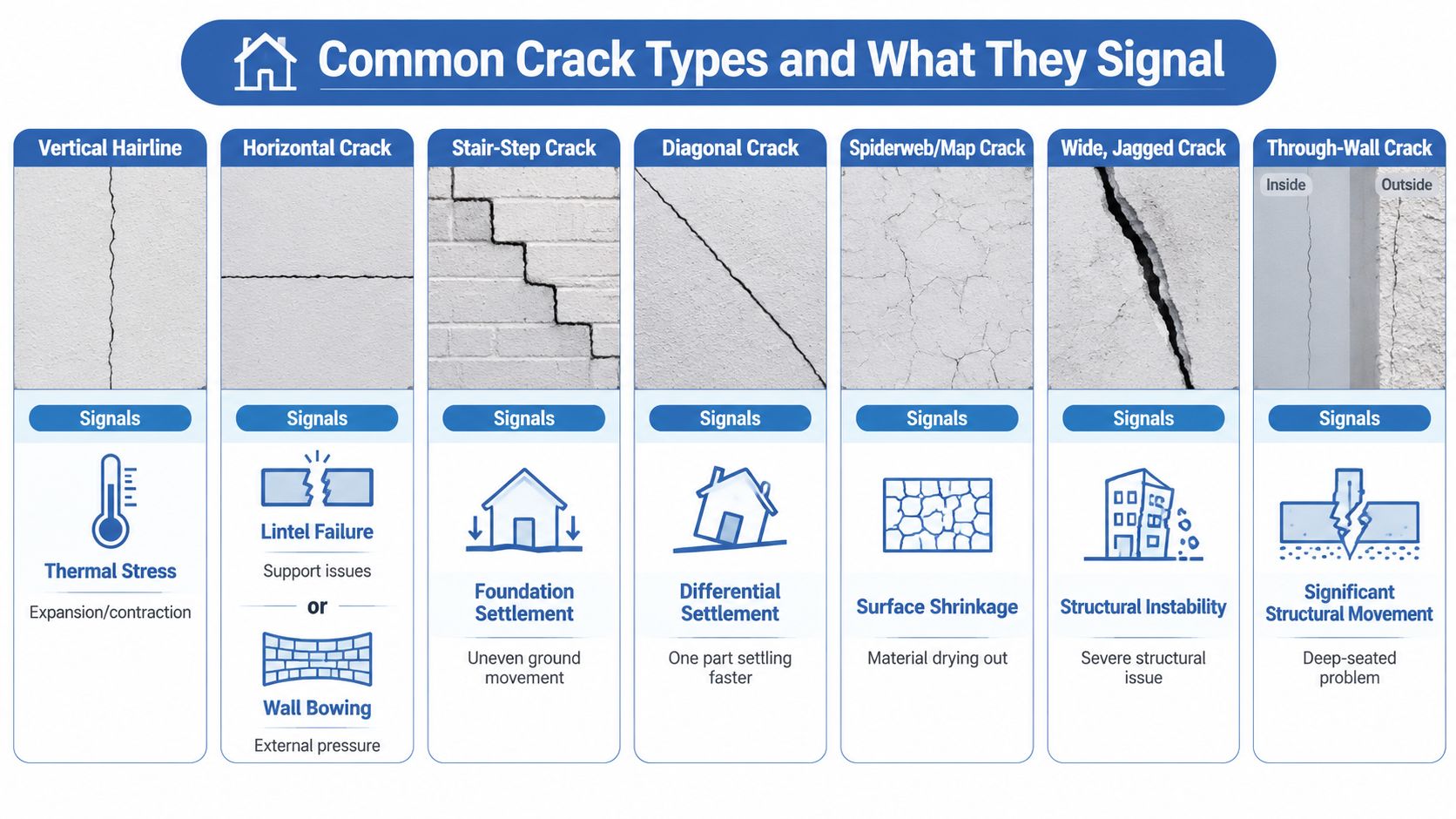 An infographic showing seven types of wall cracks, their visual appearance, and the potential structural issues they signal.