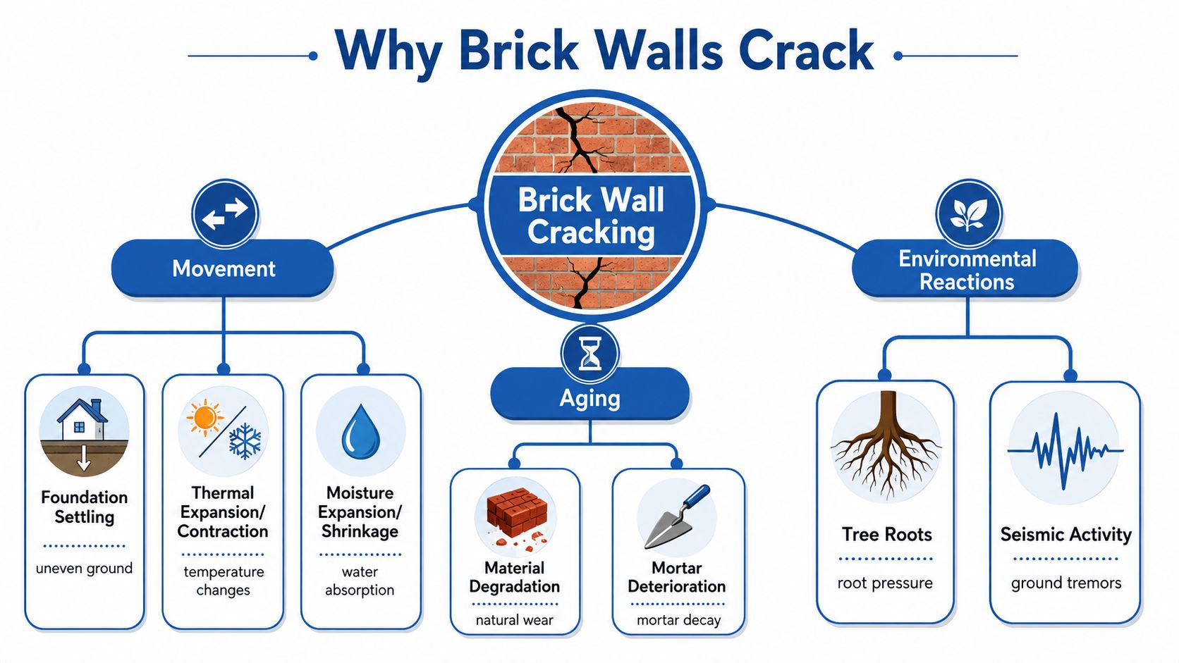 A diagram illustrating the various causes of brick wall cracking, categorized by movement, aging, and environmental factors.