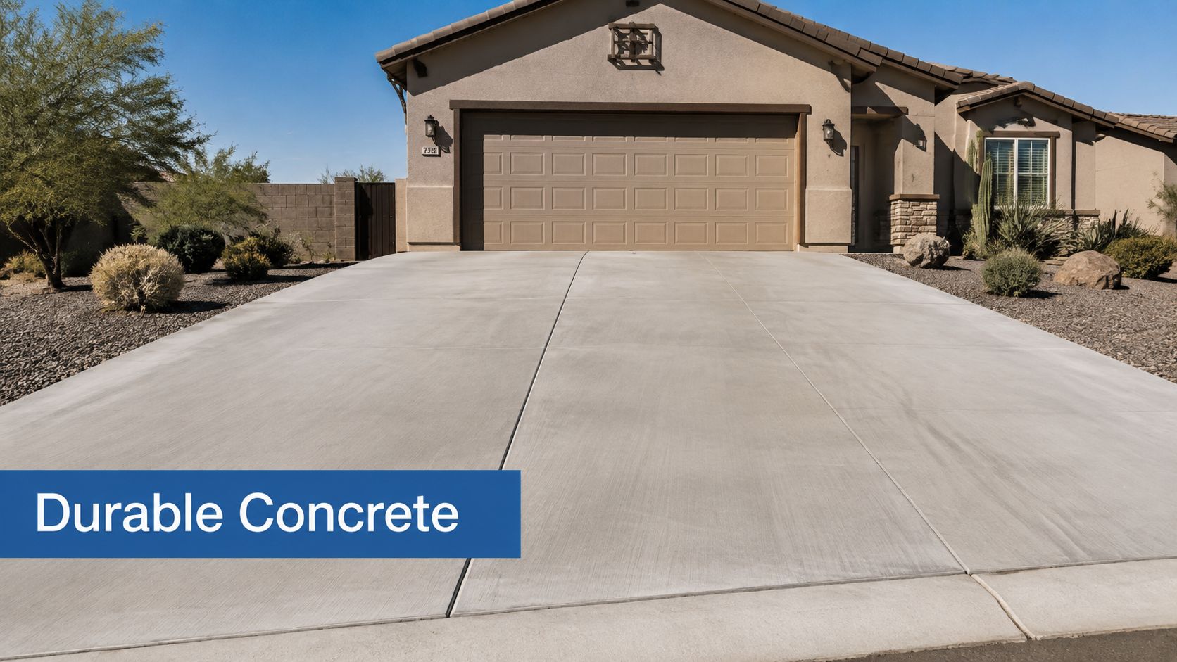 A modern suburban home with a clean, well-maintained concrete driveway under a clear blue sky.